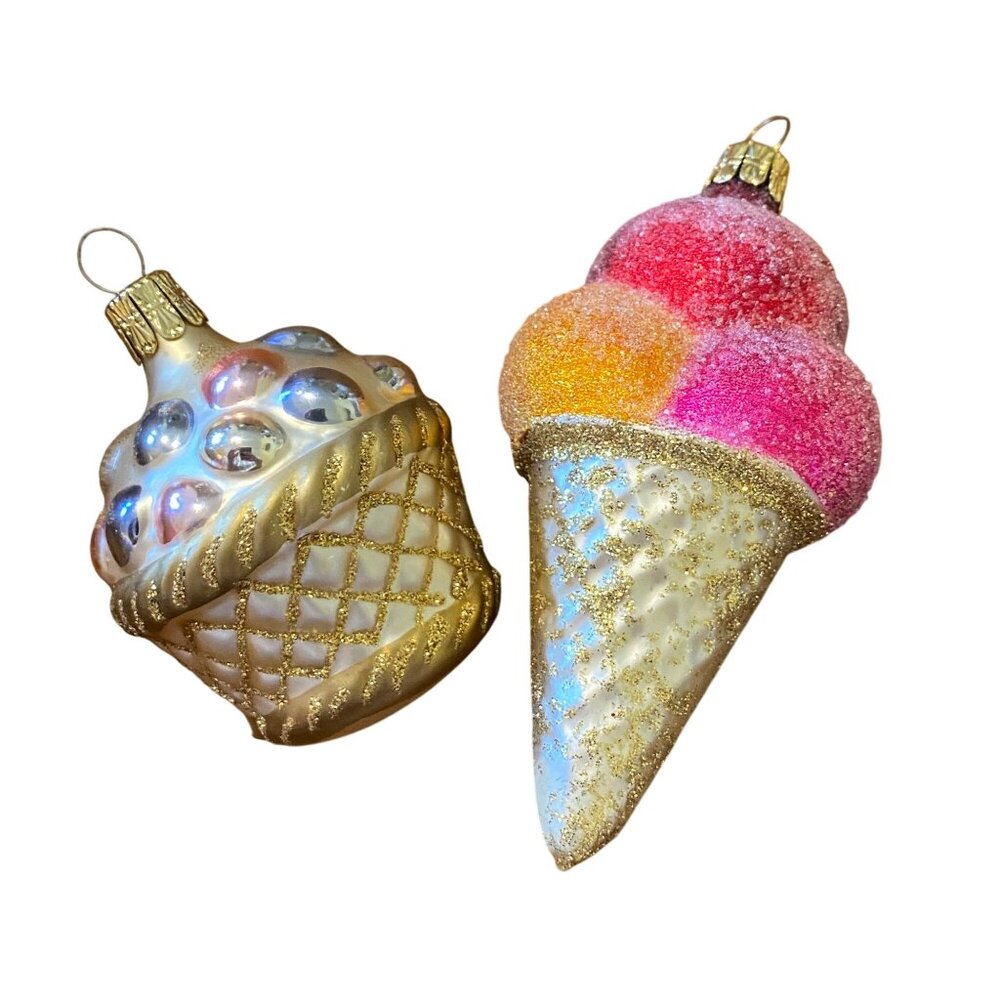 Czech Republic blown glass Sugared ice cream cone ornament glittery basket